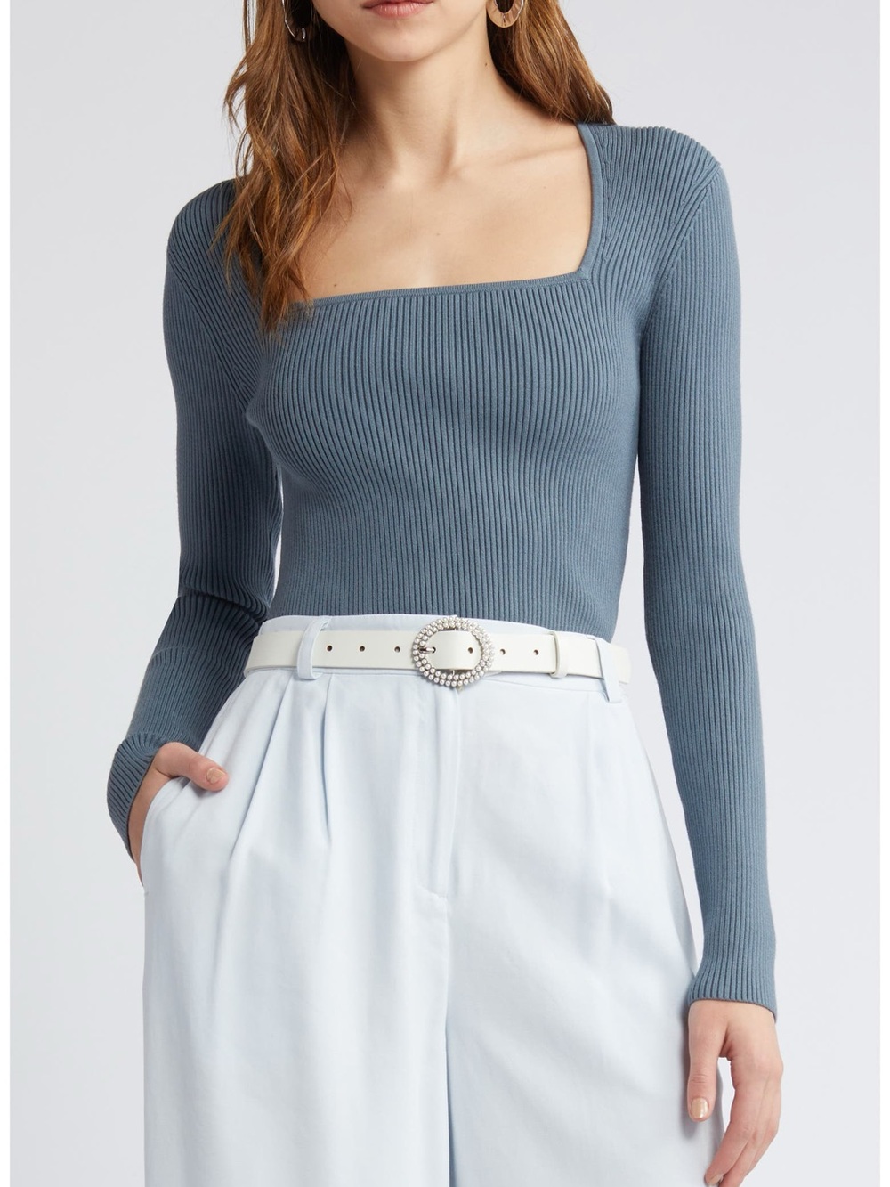 Open Edit Luxe Sculpt Square Neck Long Sleeve Top in Blue Weather NWT